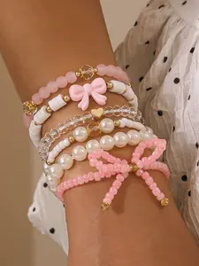 6 Piece Bow Pearl Beaded Bracelets Jewelry Set, Cute Heart Design, Faux Pearls Material, All Seasons Accessory, No Plating