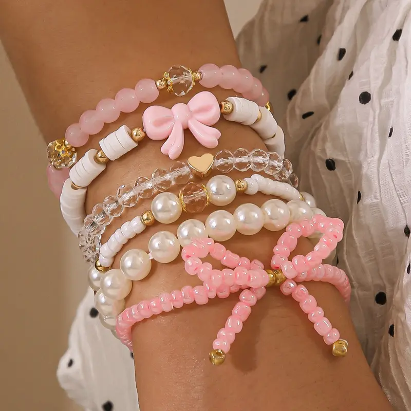 6 Piece Bow Pearl Beaded Bracelets Jewelry Set, Beautiful Bracelets, Cute Heart Design, Faux Pearls Material, All Seasons Accessory, No Plating