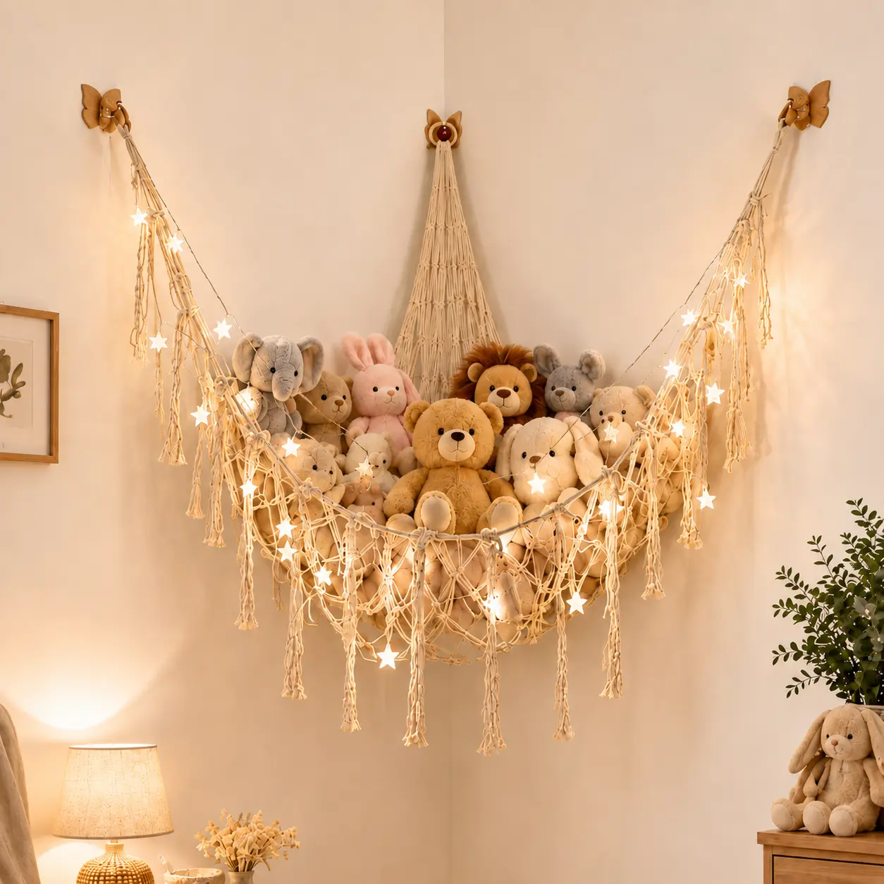 Extra Large Cotton Macrame Hanging Stuffed Animal Hammock with Star Lights - Wall-Mounted Corner Toy Organizer for Kids Bedroom, Nursery