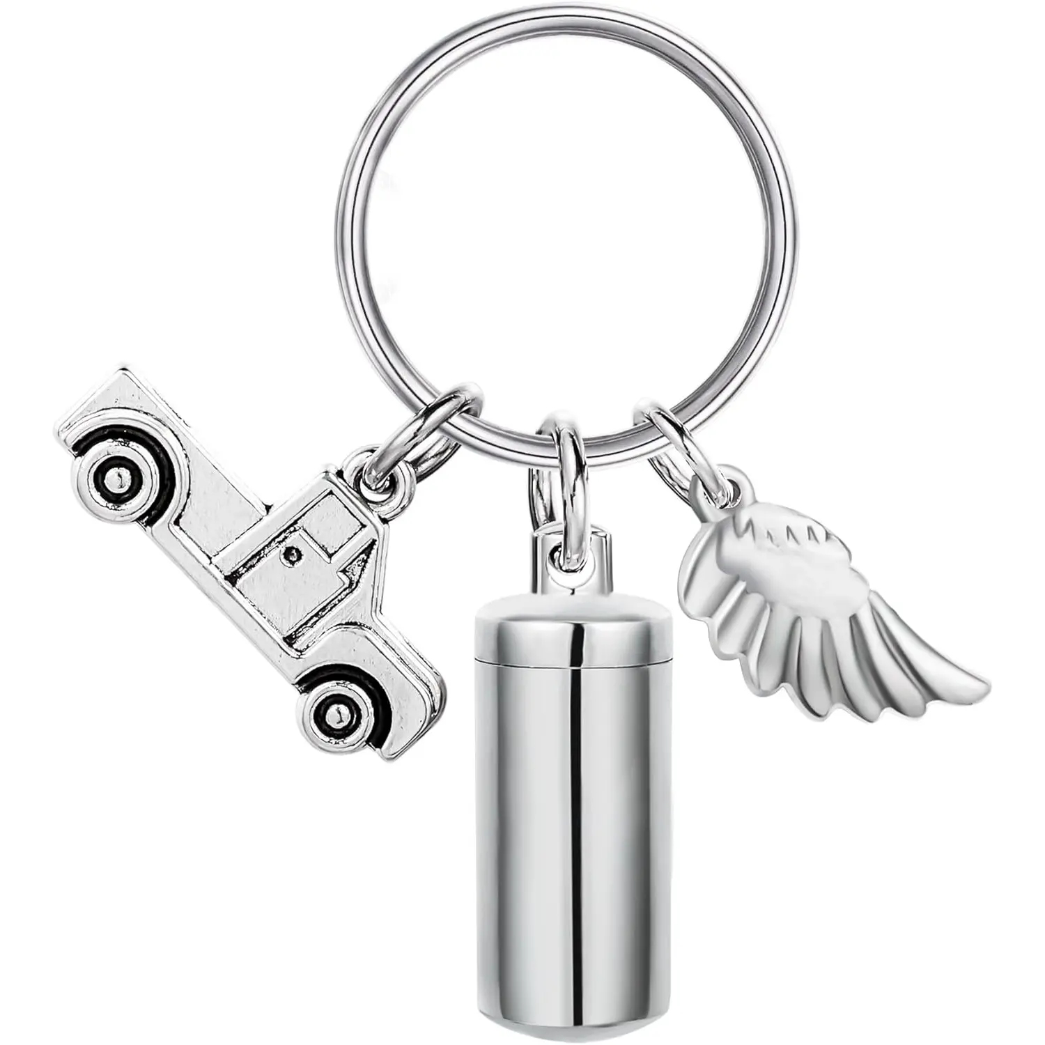 Cylinder Urn Memorial Keychain for Ashes & Hair - Trucker Memorial Gift with Semi Truck Charm & Angel Wings, Cremation Jewelry Pendant for Men in Memory of Dad, Husband