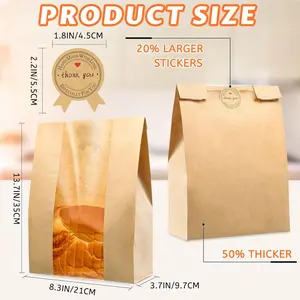 25-Pack Thicker Paper Bread Bags with Window, 13.7x8.2x3.7in, Includes 30 Sealing Stickers & Ties for Bread, Cookies, Snacks