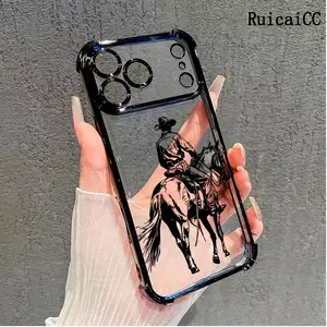 Western Cowboy Riding Horse Pattern Four Corner Anti-Fall Phone Case Transparent Electroplated Protective Cover for iPhone 17 Pro Max 16 Air 15 Plus 14 13 12 11 Samsung Galaxy S26 S25 S24 S23 S22 FE Plus Ultra