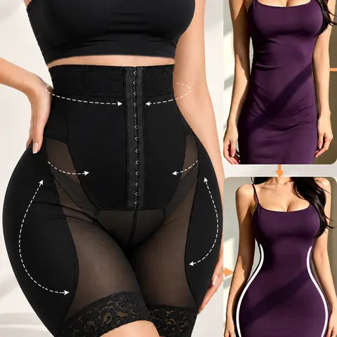 Attirify Women's High Waist Compression Faja Body Shaping Shapewear Shorts - Nylon Blend Tight Fit Underwear, Hourglass Waist Leg Shaping, Tummy Control, Zipper Closure, 3D Sponge Pads Butt-Lift Shorts, Lace Trim, Seamless Daily Wear