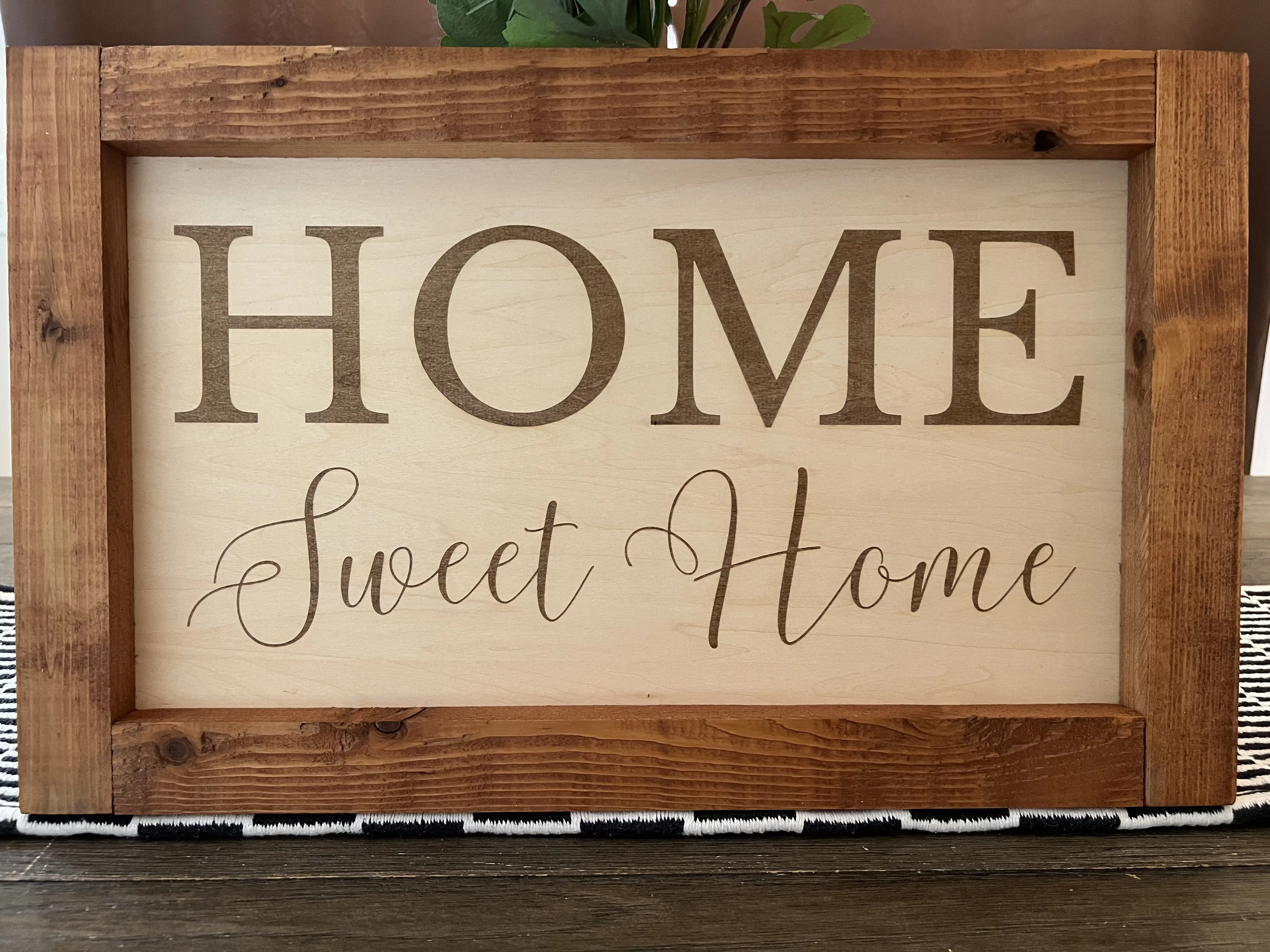 Handmade Rustic Home Sweet Home Wood Sign | Laser Engraved Farmhouse Wall Decor with Stained Wood Frame