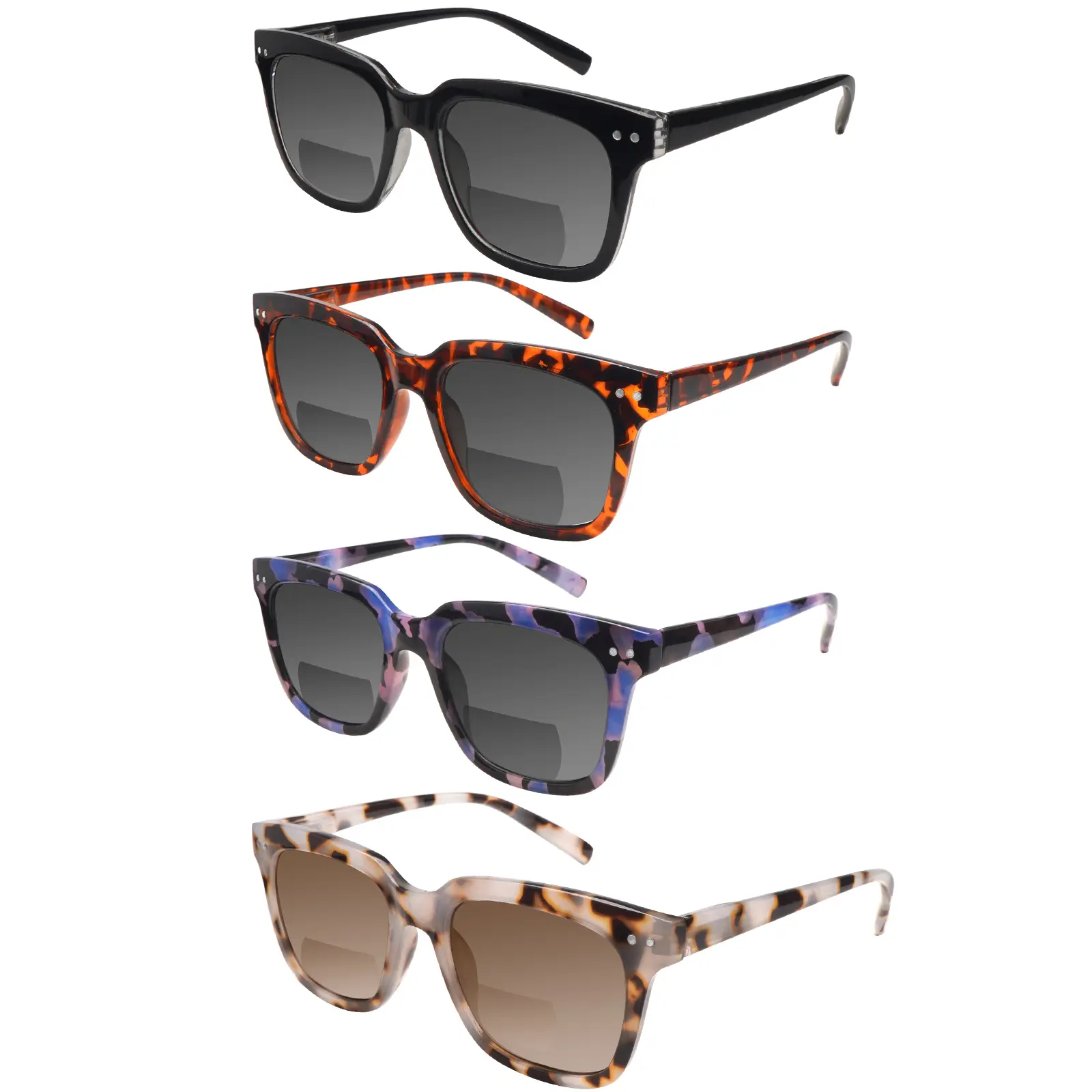 4 Pack Classic Square Bifocal Reading Sunglasses for Adults, Polarized UV Protection Lenses, Multi-Frame Set with Tortoiseshell & Black Frames for Driving, Bifocal Lenses, Stylish Accessories, Assorted, Statement Frame Glasses