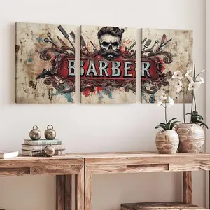 3 Piece Set Wooden Framed Canvas Poster, Barbershop Silhouette, Graffiti Art, Haircut Tools, Barber, Skull, Letter Skull Print, Industrial Style, Retro Home Decor, Art Print, Wall Art for Living Room, Office, Ideal Gift For Friends