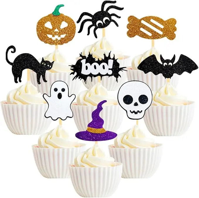 36Pcs Halloween Cupcake Toppers | Celebrating Halloween Party Supplies - Halloween Birthday Themed Party Decorations - Pumpkins Spider Ghosts Skeletons Glitter
