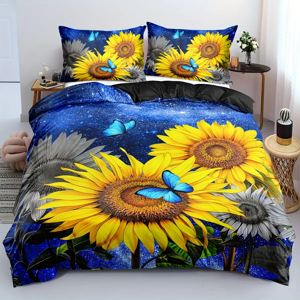 Sunflower and Duvet Set - Breathable Polyester Bedding All Seasons, Zipper Closure, Digital Print Floral and Starry Sky Pattern, Machine Washable - Includes Duvet Cover and Pillowcases (No Duvet Insert) room decor gift