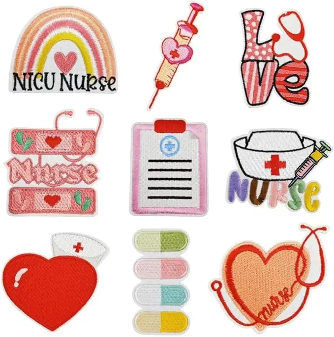 9PCS Cute Nurse Embroidered Patches Aesthetic Medical Nursing Sew Iron on Applique Decorative Repair Patches for Trucker Hats Clothing Scrubs Jacket Jeans Backpack