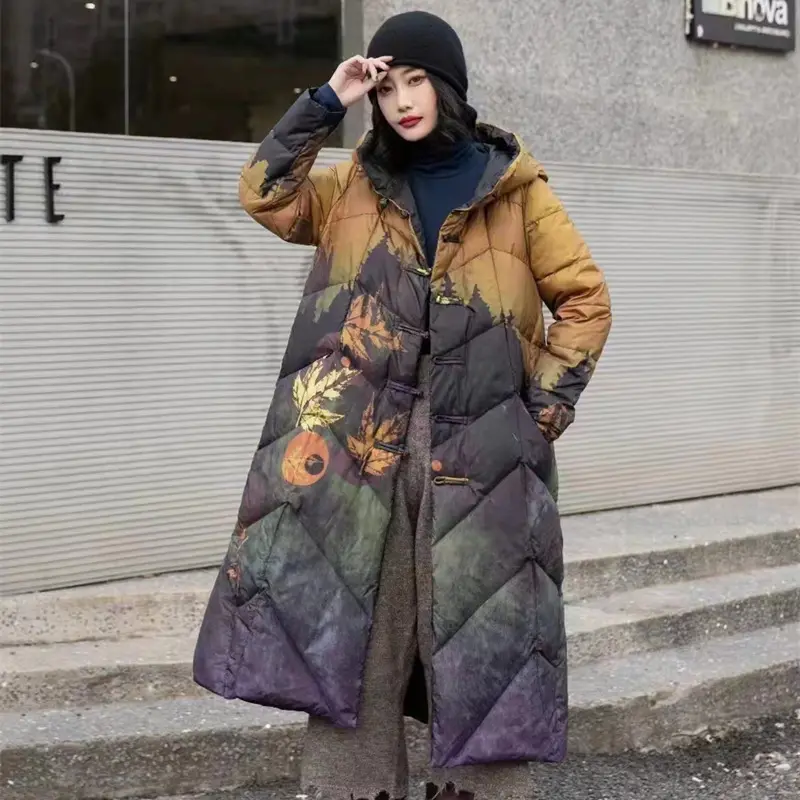 Women's Tie Dye Down Parka, Loose-fitting Hooded Long Sleeve Puffer Coat, Warm Quilted Knee-Length Winter Outerwear, Coats, Parker Outwear, Xxl