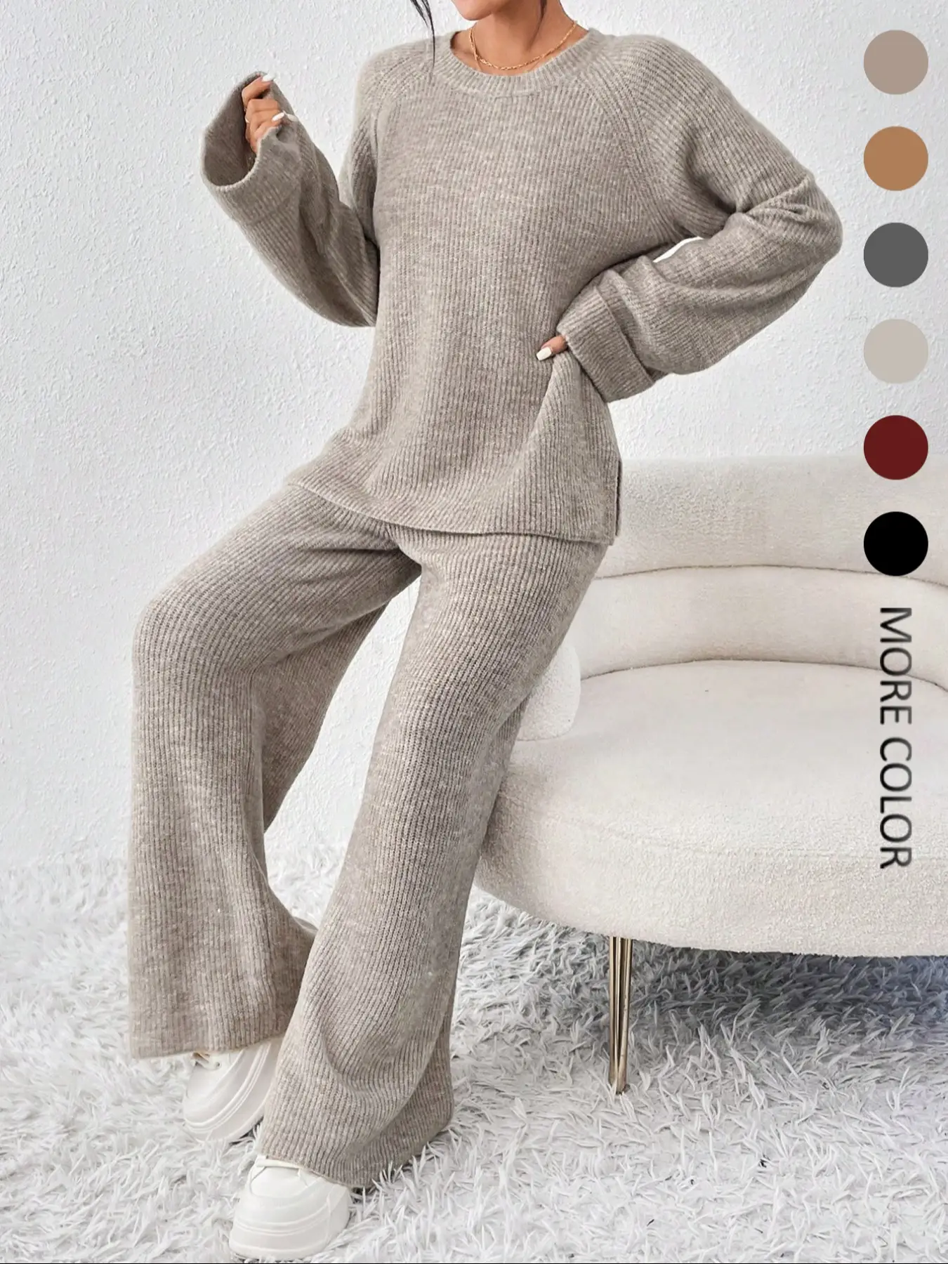 Women's Raglan Sleeve Split Sweater & Elastic Waist Pants Set, Basic Round Neck Top & Pants Sweater Set, Women's Autumn & Winter Clothing for Daily We
