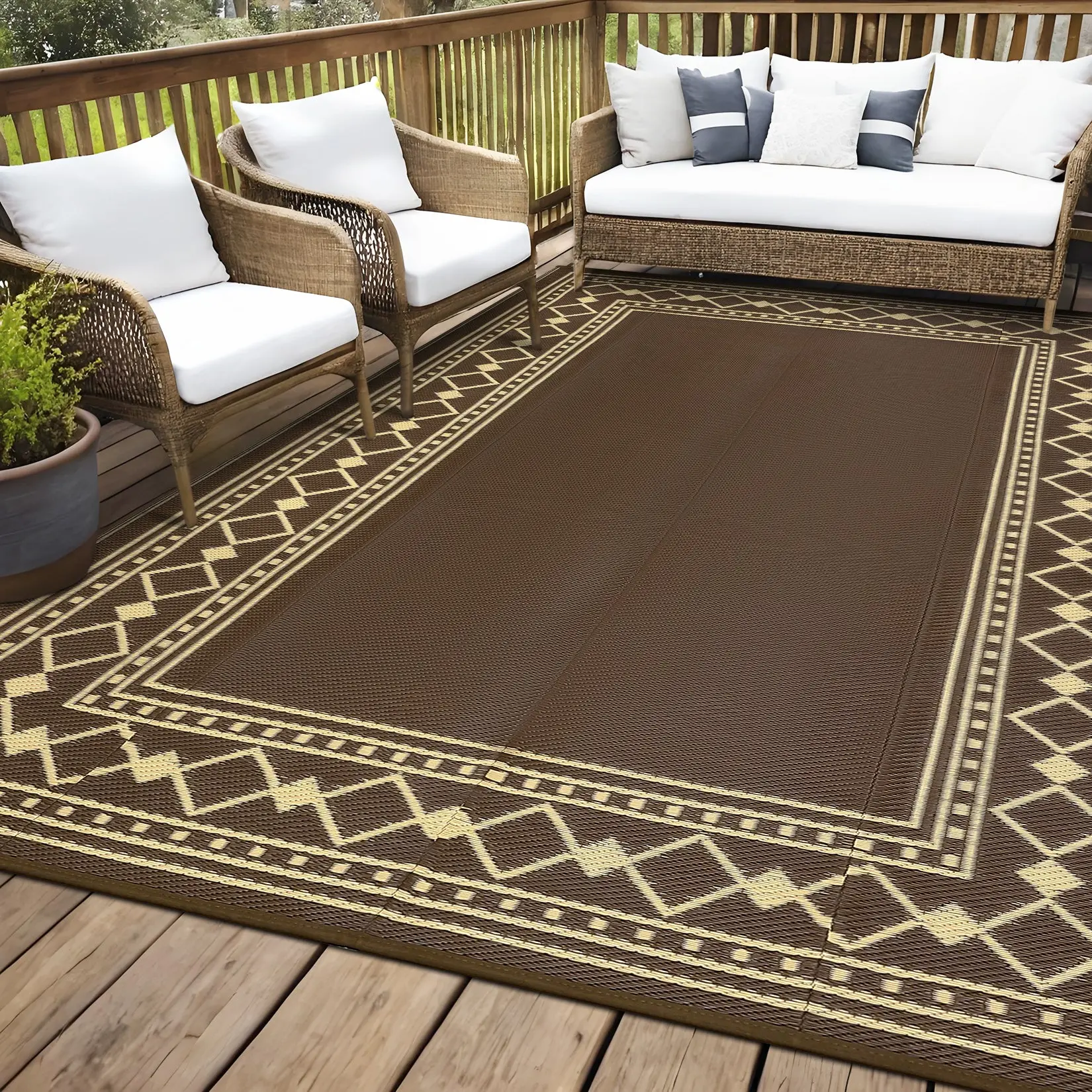 【GARVEE】Large Outdoor Rug - Waterproof, UV Resistant, Reversible Plastic Straw Rug, Lightweight, Foldable, Ideal for Patio, Deck, Picnic, Camping, Includes Storage Bag and Stakes, Available in Brown and Blue, Multiple Sizes