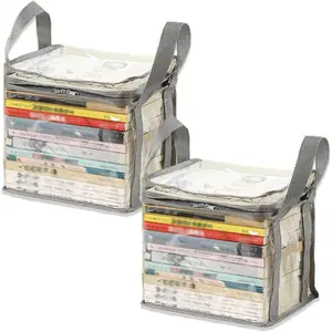 2PCS Clear Plastic Book Storage Bag Collapsible Comic Book Organizer Display Case with Lid and Lifting Handle for Books Toys 38x24x32cm/15x9x13inches
