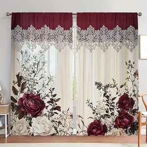 2-Pack, retro floral pattern Victorian style curtains, Window Curtain, with rod pocket installation, digital printing technology, polyester material, blackout privacy protection, for living room, kitchen, bedroom, study, hotel, restaurant home decoration