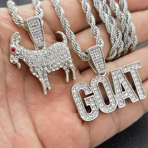 GOAT Greatest of All Time Cubic Zirconia Pendant & 4mm 24" Rope Chain Hip Hop Style 2 Necklace Jewelry Gift
