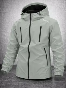 Men's Hooded Outdoor Long Sleeve Jacket Coats, Quick-Dry Wrinkle-Resistant Polyester Fabric, Speed Letter Print, Functional Design, All Seasons, Casual Style