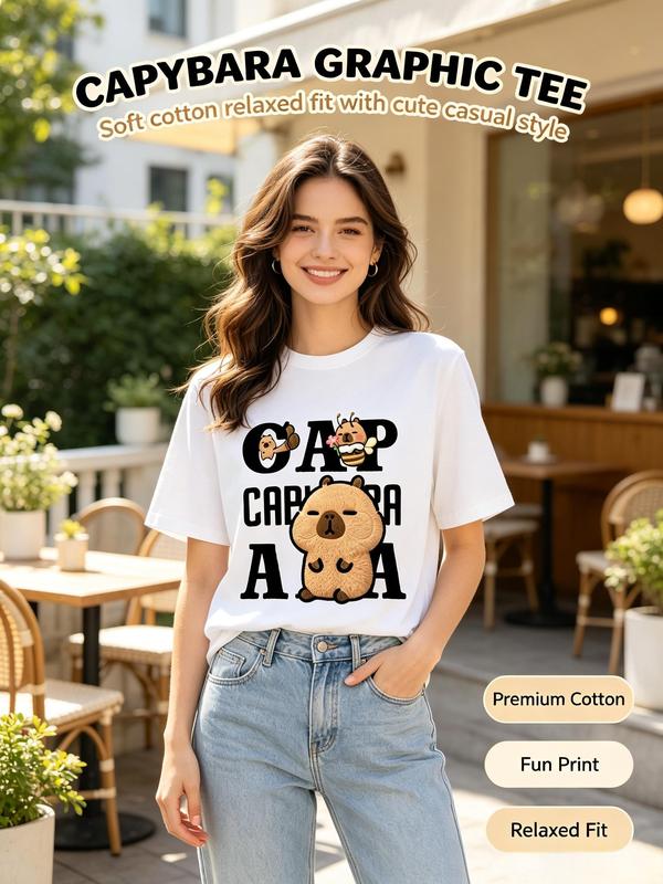 Women's 100% Soft Cotton Oversized Crew Neck Short-Sleeve T-Shirt, Cute 3D "CAP CABRARA ANA" Animal Print, Elastic Ribbed, Puerto Rico Football Fan Top, Casual Tee Shirt, Fabric Tshirt, Cap Sleeve Pants Compatible Womenswear (Do Not Bleach)