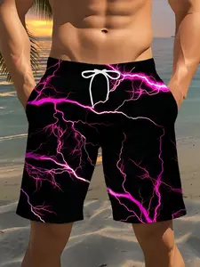 Men's Lightning Pattern Beach Shorts, Summer Quick-Dry Breathable Swim Trunks, Casual Holiday Short Pants, Fashion Fitted H-Type