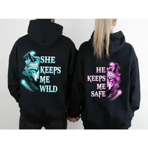 She Keeps Me Wild He Keeps Me Safe Wolf Couple Hoodie, Matching Couple Hoodie, Couple Outfits Matching, Unisex Couple Hoodie, Hoodie For Couple, Wolf Couples Shirt, Couple Outfits Matching Cotton Womenswear