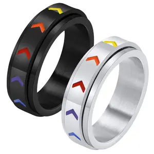 OIDEA Pride Arrow Fidget Spinner Ring, Stainless Steel Anxiety Rotating Band, LGBTQ Rainbow Black Silver Statement Jewelry for Friendship Birthday Gifts, Fidget Spinner Rings