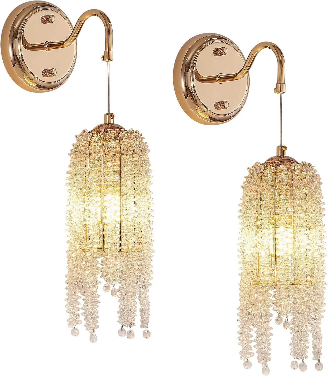 Crystal Wall Sconces Set of 2, with Pendant Crystal Shade, Gold Luxury Raindrop Crystal Hardwired Wall Sconces, Vintage Bedside Sconces Wall Lighting for Living Room Bathroom (Small Beads)