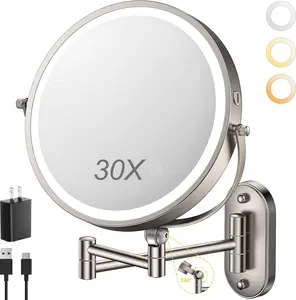 9" Wall Mounted Lighted Makeup Mirror,4000mAh Rechargeable Double Sided 1X/30X Magnifying Mirror with Light,Touch Dimmable,Extended Arm 360 Rotation Wall Mounted Makeup Mirror 3 Color Lights-N