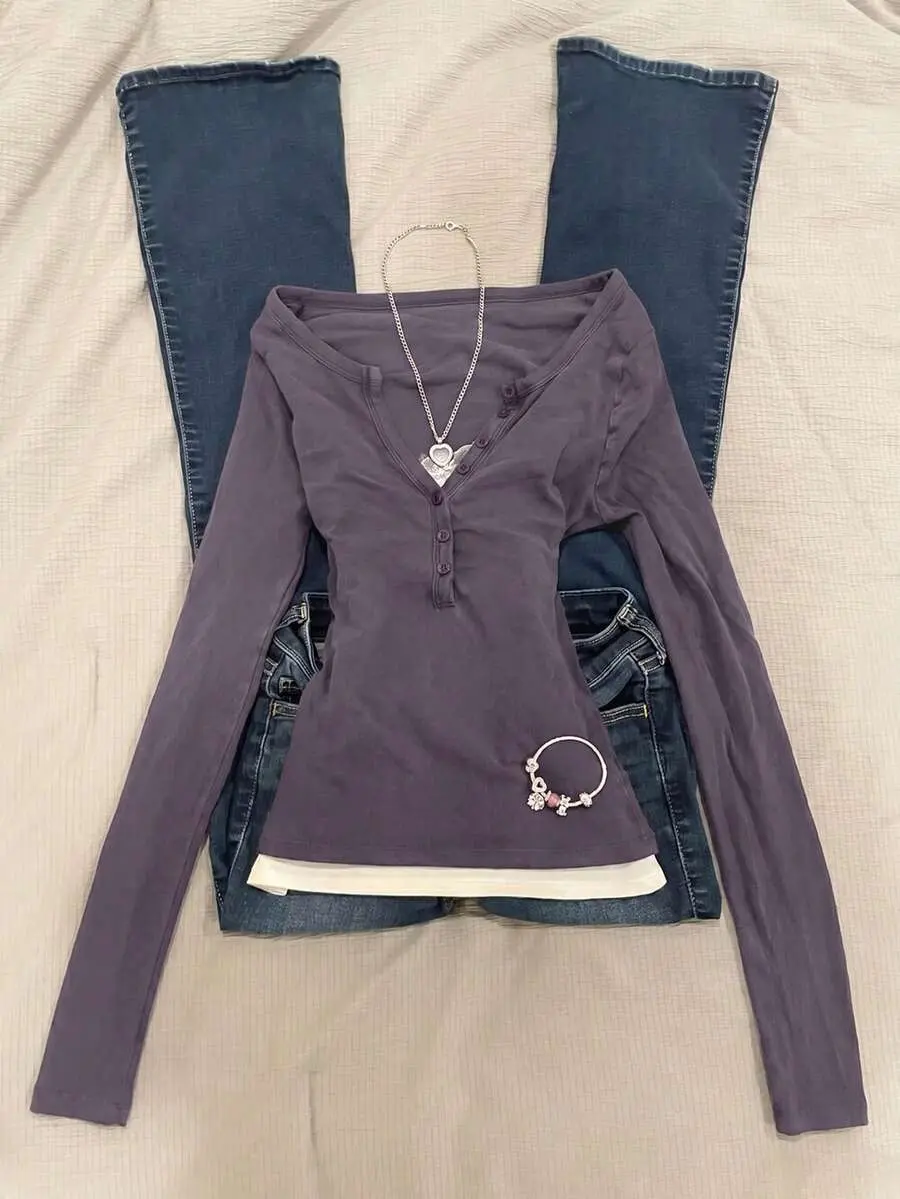 Women Slim Fit Long Sleeve 2 In 1 T-Shirt