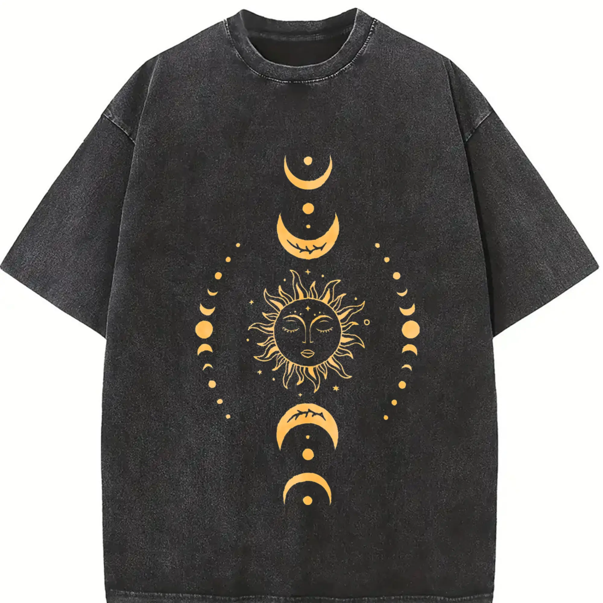 Men's 230g Thick Cotton Vintage Washed Streetwear T-Shirt - Menswear Crew Neck Short Sleeve Drop Shoulder Loose Fit with Moon Sun Print, Comfortable Soft Texture, Unisex Sizes, Spring Summer Casual, Machine Washable Crewneck Tops