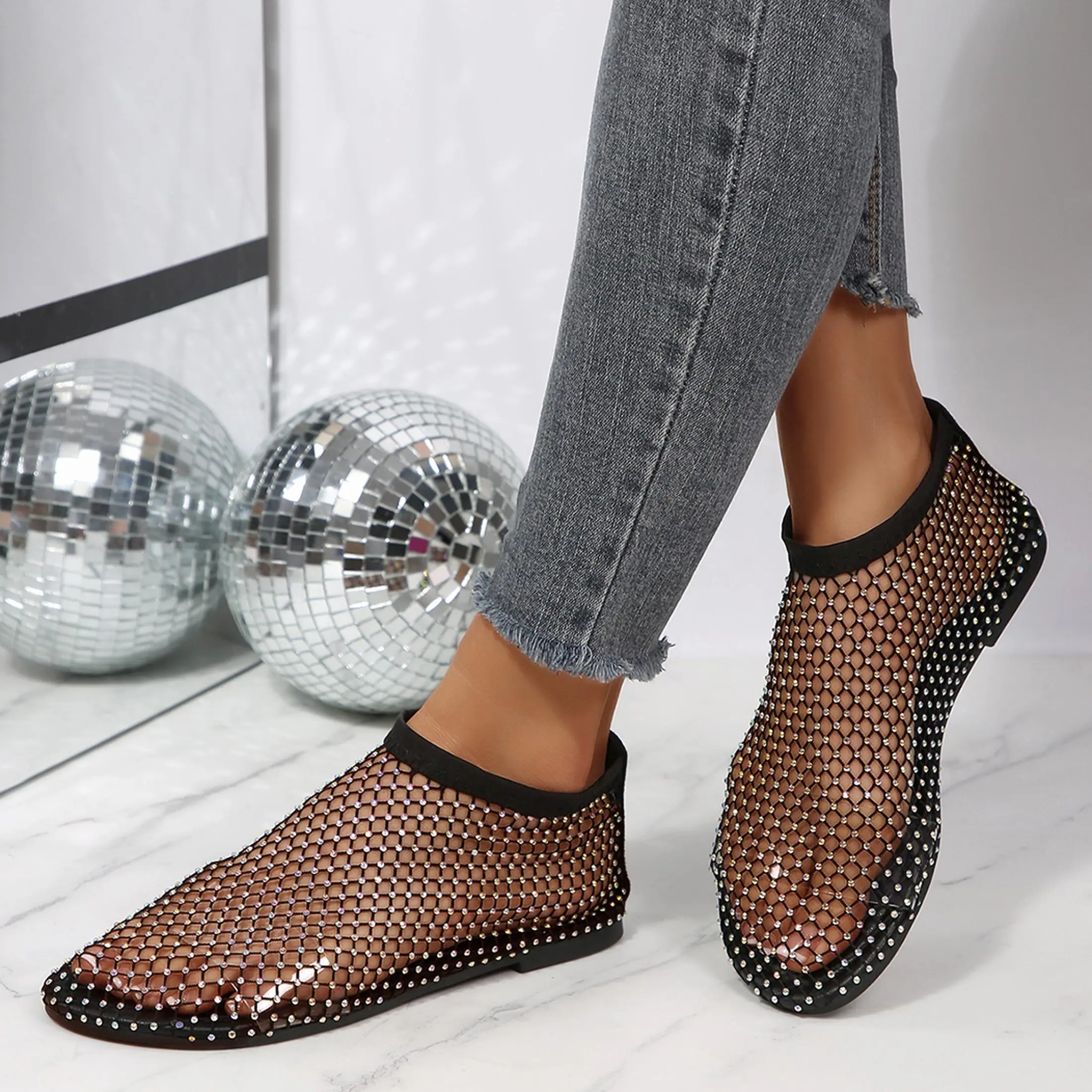 Women's Shiny Rhinestone Mesh Slipper Boots Open Back Design Perfect for Summer Evening Outfits