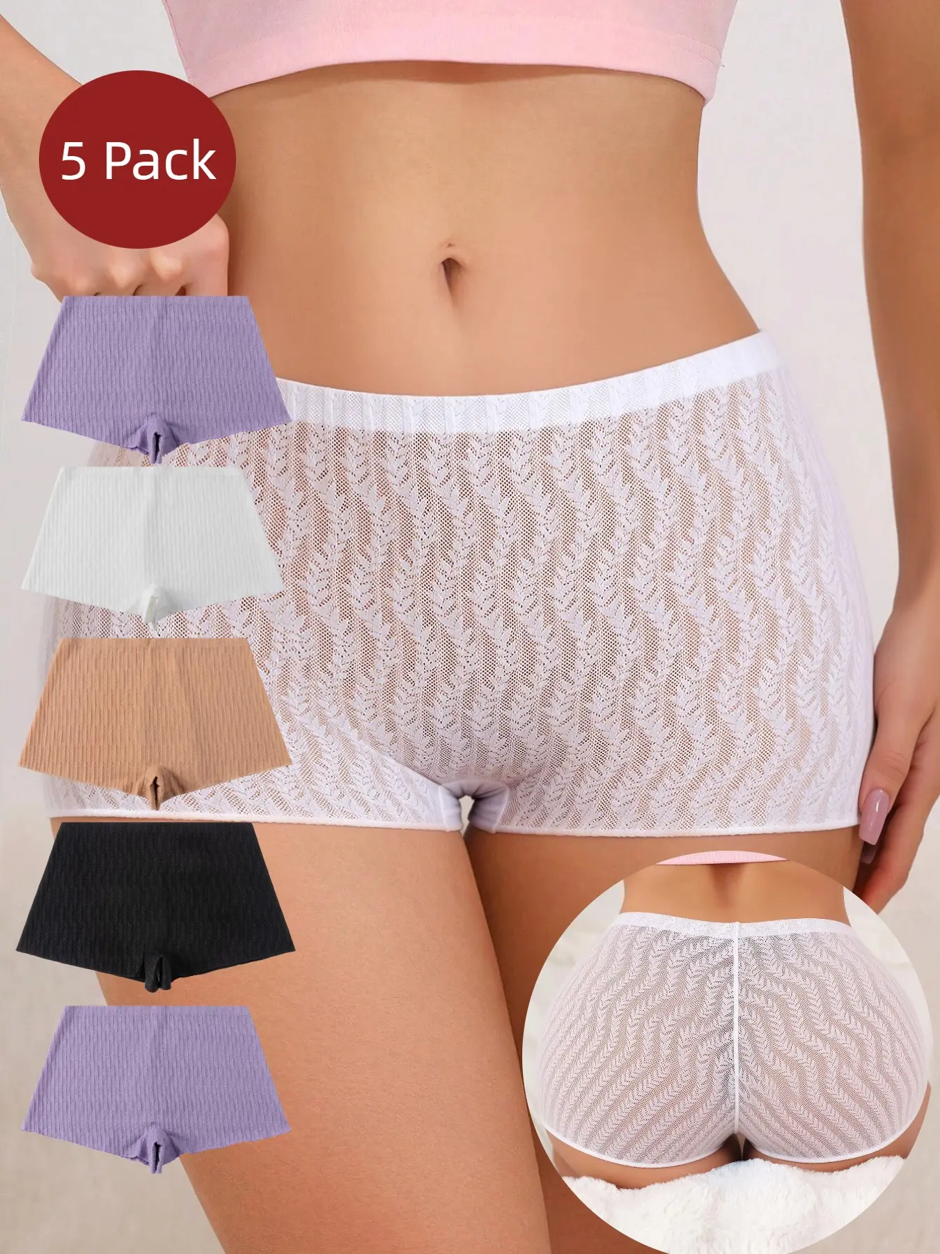 Sweet Lace Boyshort Panties, Breathable Comfort Women's Underwear, Slim-Fitting Casual Style, All Seasons Essential, 5 Pack, Womenswear, Fitted Panties