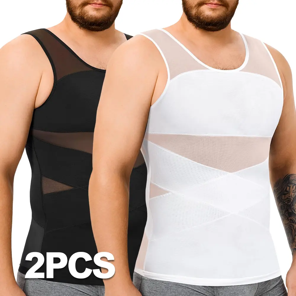 Men's Semicompression Tank Top, 2-Pack Solid Body Shaper with Tummy Control, Breathable Mesh Shapewear, Menswear