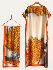 Elegant Summer Women's Thin Lightweight Loose Peacock Pattern Robe Shawl Set, Long Silk Scarf Beach Sun Protection Satin Wrap, Suitable for Various Activities
