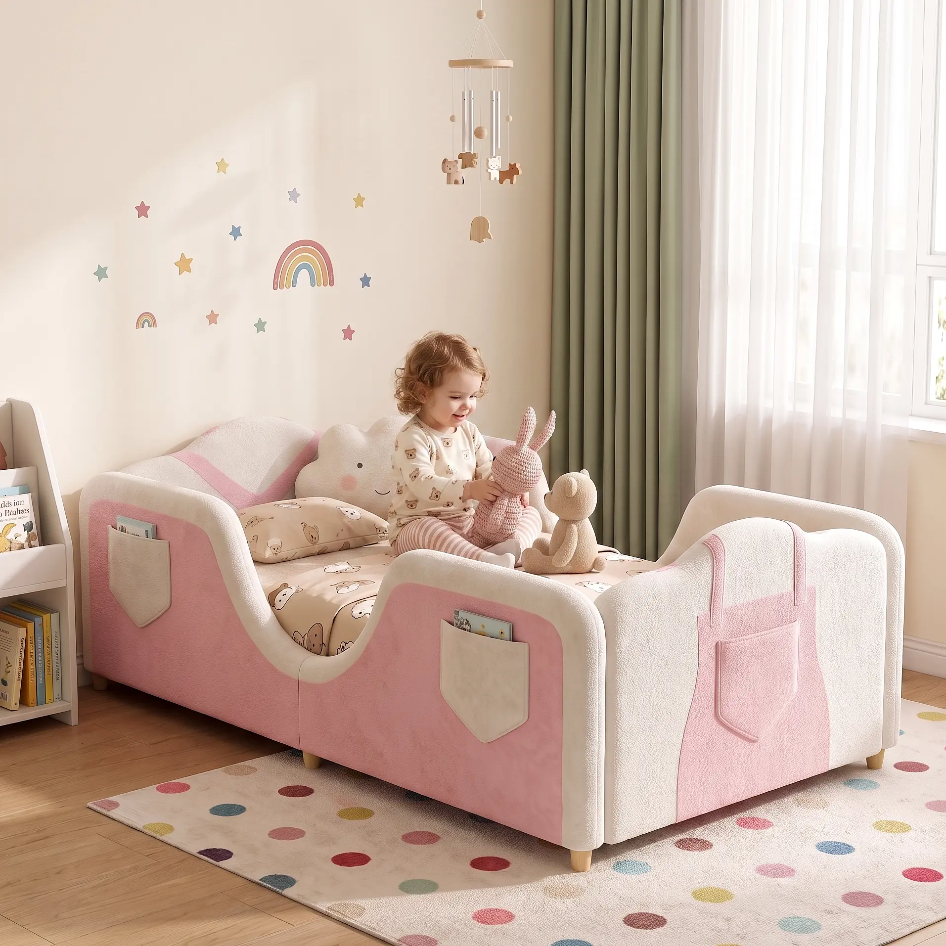 Lilypelle Overall-Inspired Toddler Bed with 6 Storage Pockets, Soft Upholstered Kids Bed Frame, Low Floor Bed for Boys & Girls, Fits Crib Mattress, Wood Slat Support