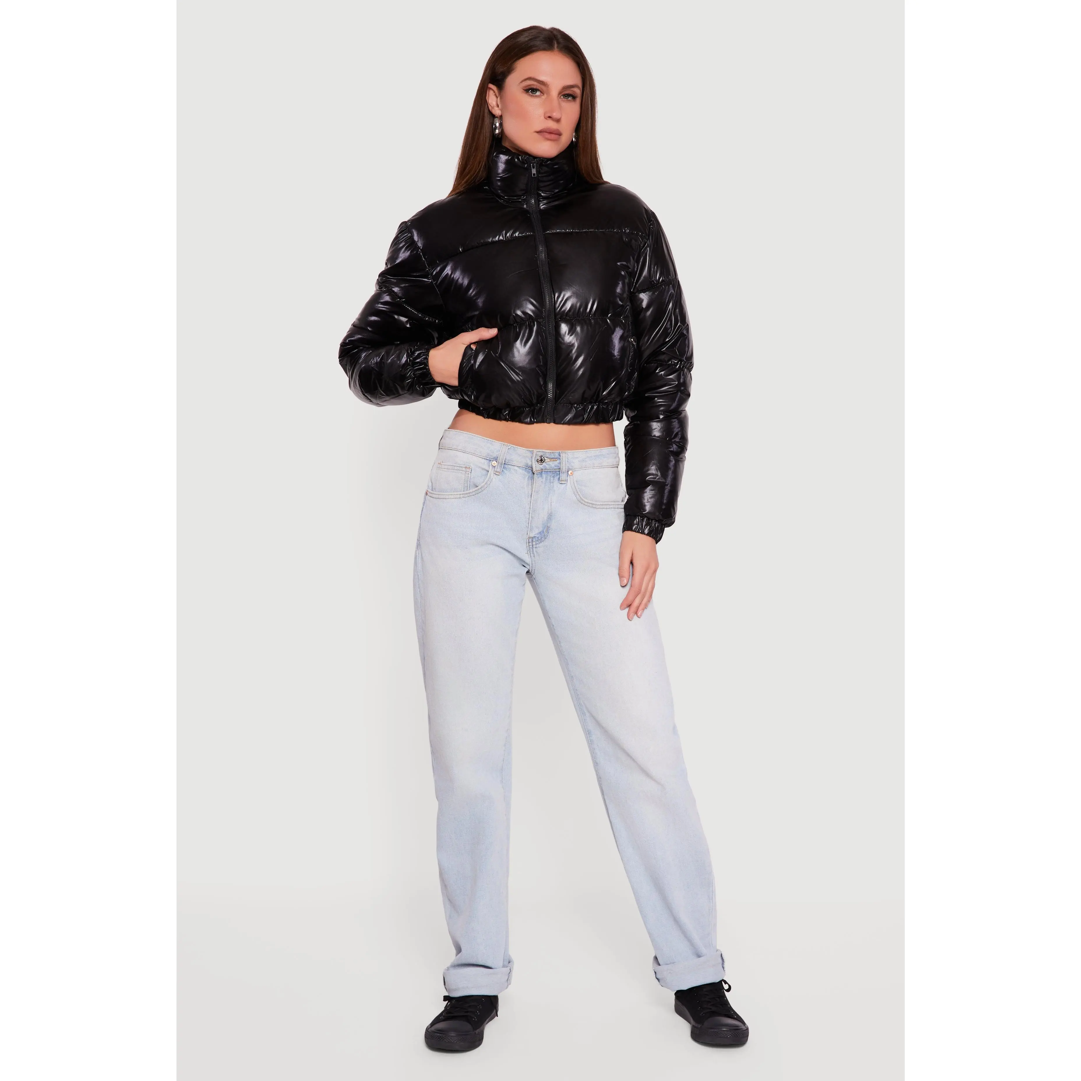 Zip Front Mock Neck Cropped Puffer Jacket