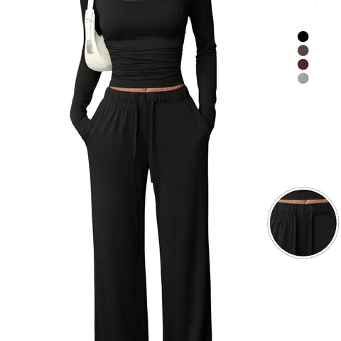 Women's 2-Piece Loungewear Set, Square-Neck Long-Sleeve Crop Top and High-Waisted Wide-Leg Drawstring Pants with Pockets, Casual Sportswear for Everyday Wear and All Seasons, Casual Loungewear Outfits