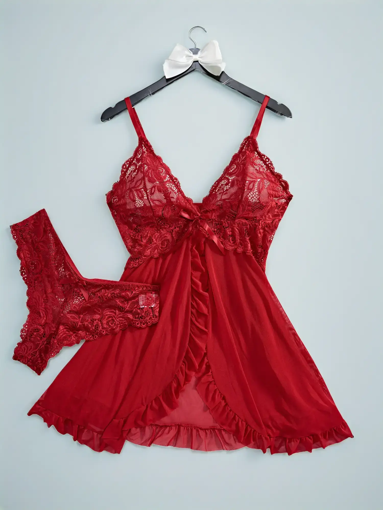 Women's Contrast Lace Ruffle Trim Cami Nightdress & Panty Set, Comfort Fabric Adjustable Spaghetti Strap Backless Sleep Dress & Knicker Set, Lady Slee