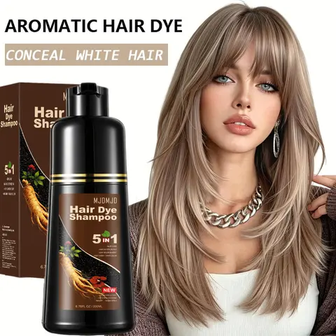 5-in-1 Herbal Light Brown Liquid Hair Color Shampoo with Ginseng - No Bleach, At-Home Hair Color, Gray Coverage, Conditioning, Long-Lasting, Moisturizing & Nourishing Formula for Women & Men, 200ML, No Bleach Hair Color