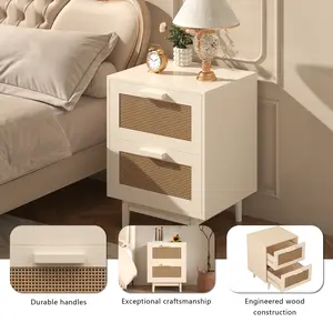 Rattan Nightstand, Burly Wood End Table, Side Table with 2 Faux Rattan Drawers, Wooden Storage Accent Table for Bedroom, Living Room