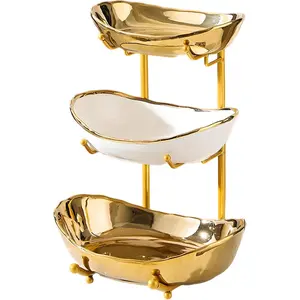 3-Tier Gold Fruit Bowl & Tray with Metal Stand - Ceramic White, Triple Layer for Snacks, Nuts, Bread & Candy Storage