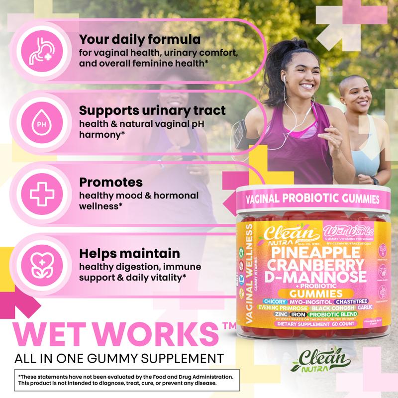 Clean Nutra Pineapple, Cranberry, D-Mannose, Chicory, Myo-Inositol, Chaste Tree & More for Women's Probiotic & Feminine Wellness Support Gummies – WetWorks
