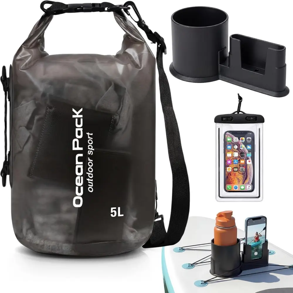 Paddle Board Accessories Include 5L Waterproof Dry Bag for Women Men 2-in-1 Paddleboard Cup Holder Waterproof Phone Case Roll Top Lightweight Storage Bag for SUP Kayak Boat Boating Accessory