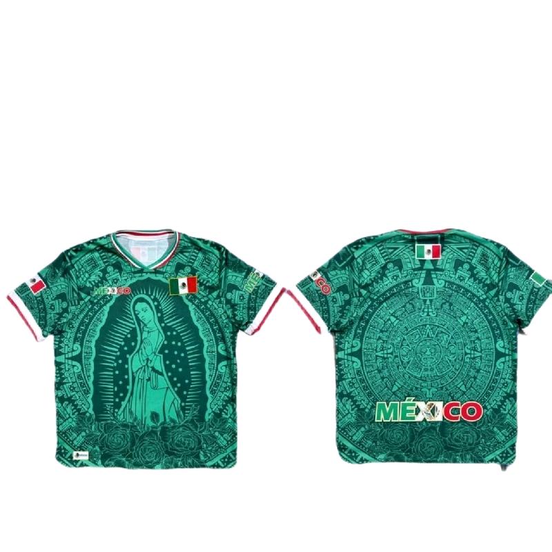 Virgen de Guadalupe Mexico Jersey Pink and Black Color with Green White and Red Trim and Mexican Flag Design