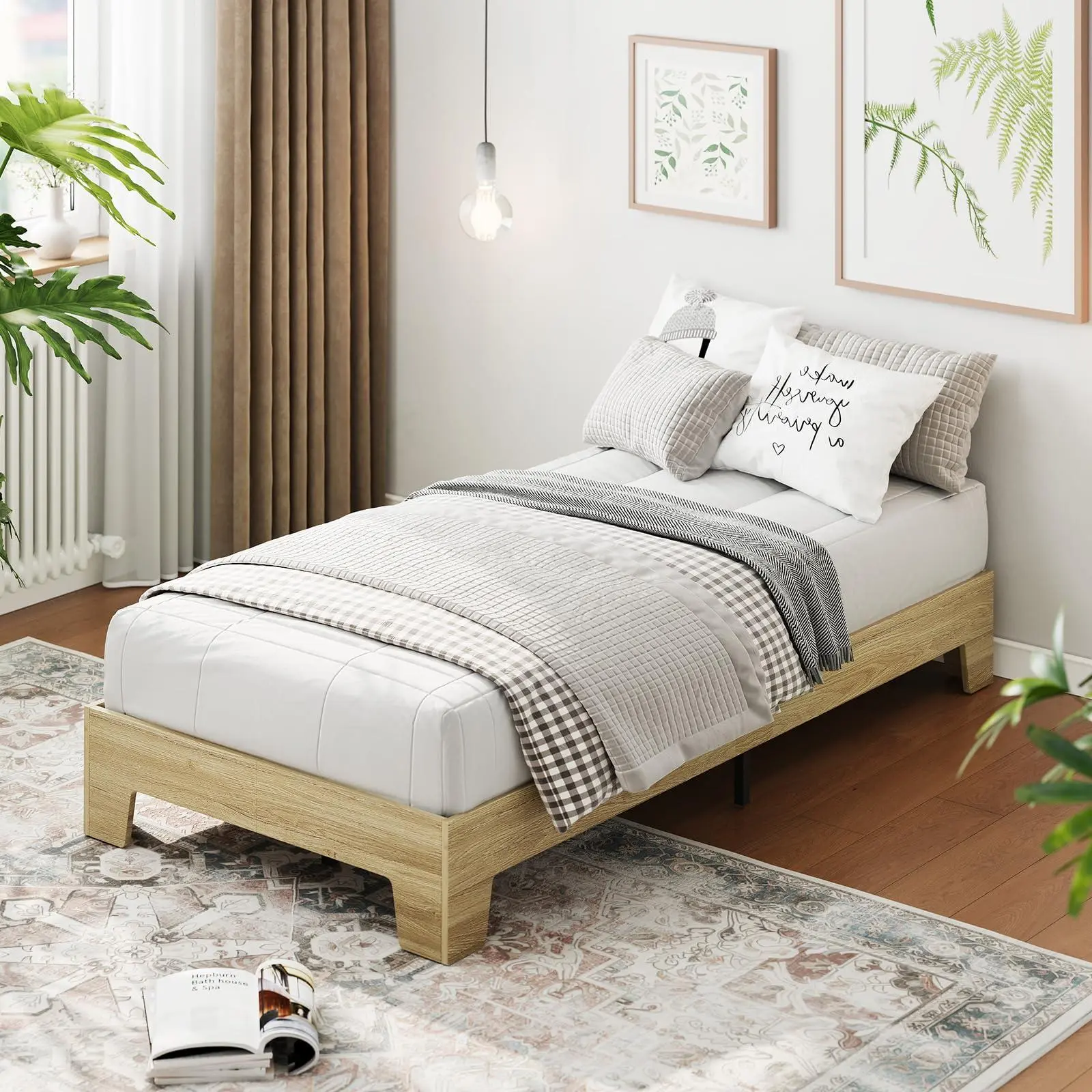 Twin Wood Platform Bed Frame with Strong Slats, Minimalist Low Profile Bed, No Box Spring Needed