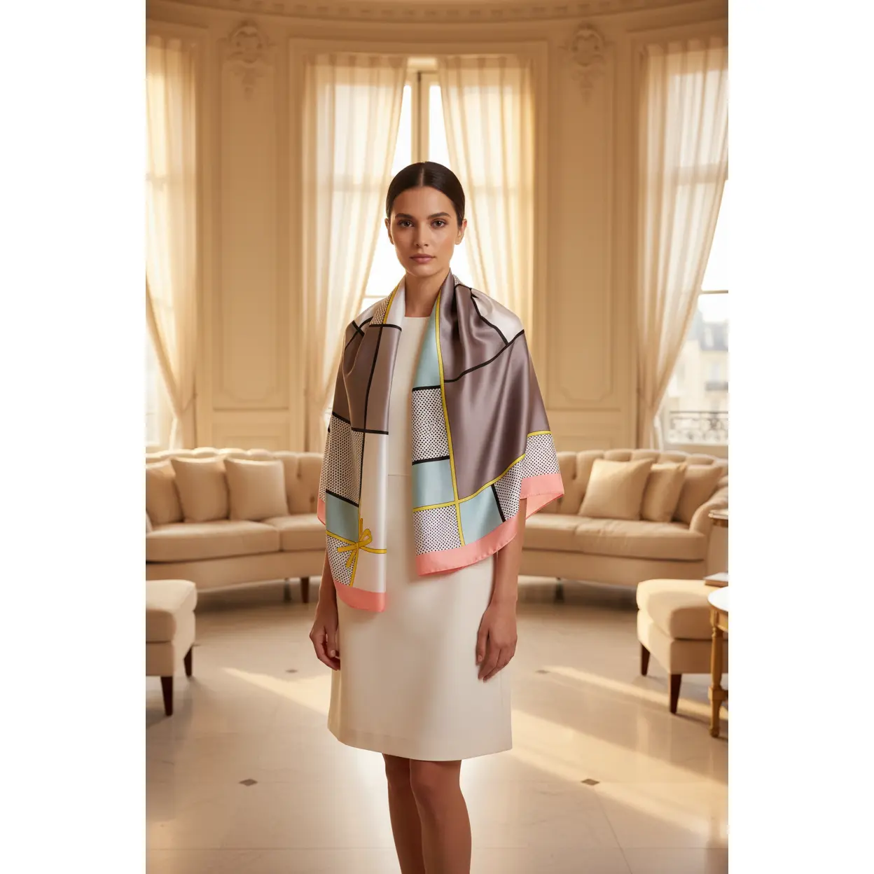 Silky Satin Capri Scarf Shawl Wrap - Pop Art Colorblock, Bold Blocks, Soft Texture, All-Season Fashion Accessory