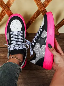 Women's Fashion Glitter Star Sneakers, Comfortable Breathable Low Top Casual Sports Shoes, Round Toe Lace-Up Skateboard Shoes, Glitter Design Sneakers