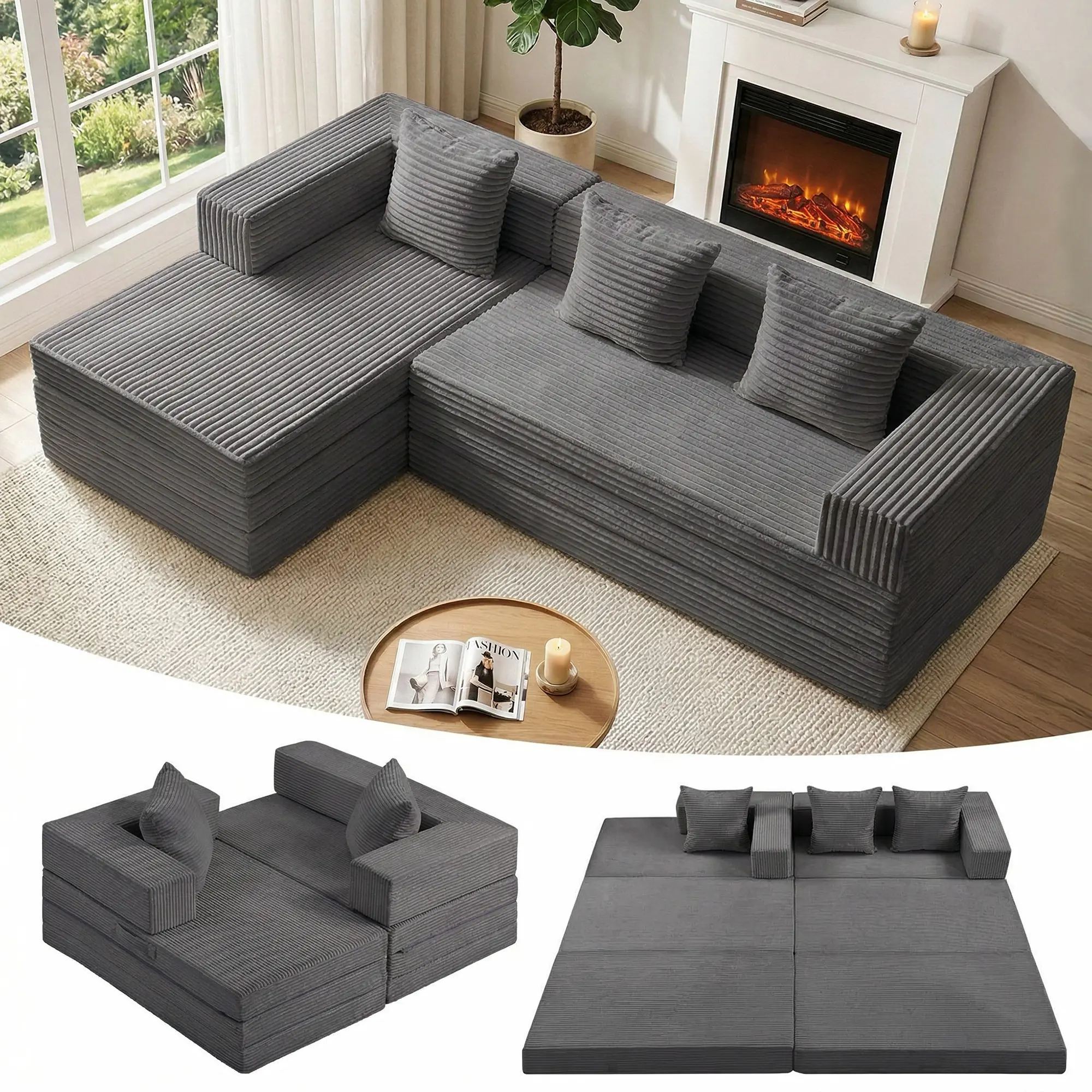 Wizoo Convertible Sleeper Sofa Bed,Oversized Modular Sectional Sofa Foldable Futon Couches for Living Room Small Spaces Apartment,No Assembly