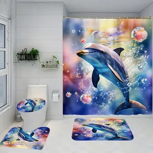1/4 piece Dolphin Wave design bathroom set, including soft floor mats, toilet seat cushions, shower curtains, creating elegant decoration and home decor. The floor mats rebound well, absorb water, prevent slipping, and are the first choice for gift giving