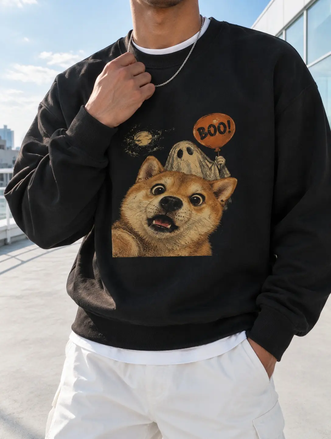 Men's Loose Fit Crewneck Sweatshirt, Soft Fleece Pullover, Funny Halloween Shiba Inu Ghost BOO Balloon Space Planet Graphic Sweatshirt, Fall Casual Streetwear, S-3XL