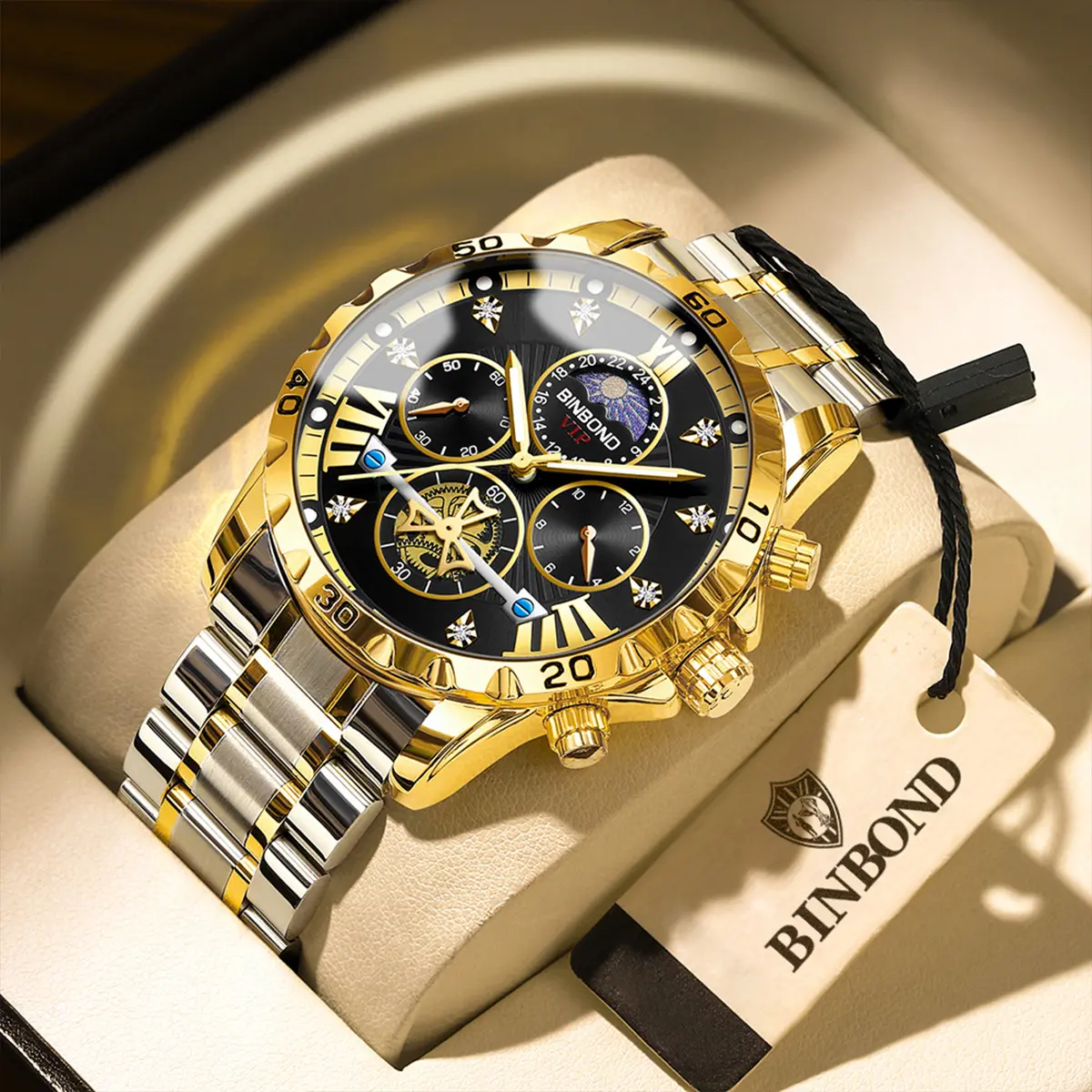 BINBOND Mens Watches Stainless Steel Chronograph Fashion Business Dress Diamond Multifunction Wrist Watch for Men Waterproof Luminous luxury  Designer watches  jamtangan G3103