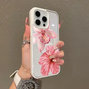 Adorable Magnetic Case for iPhone11/12/13/14/15/16/promax Pink orchid and hibiscus MagSafe Compatible, Lightweight, Anti-Fall | Girly & Chic Style